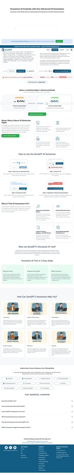 샘플 3 실험 결과 화면, Humanizer 적용 후에도 C 21.23/75가 남은 ZeroGPT 캡처